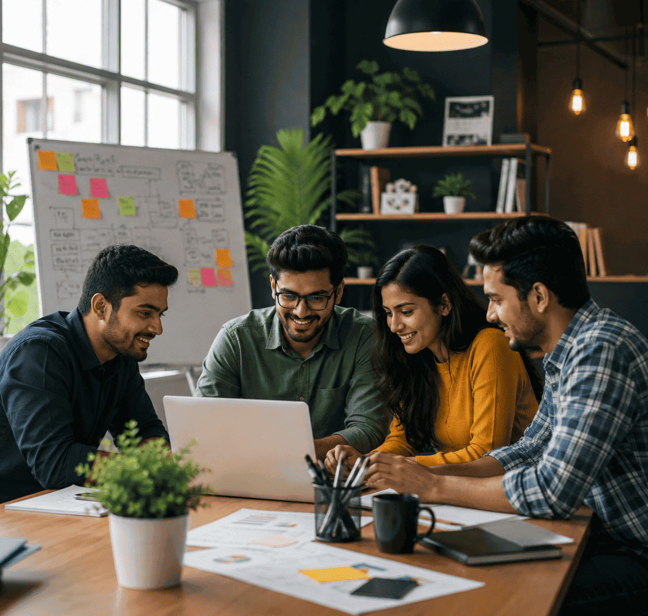 Team collaborating on a digital strategy in a modern business workspace